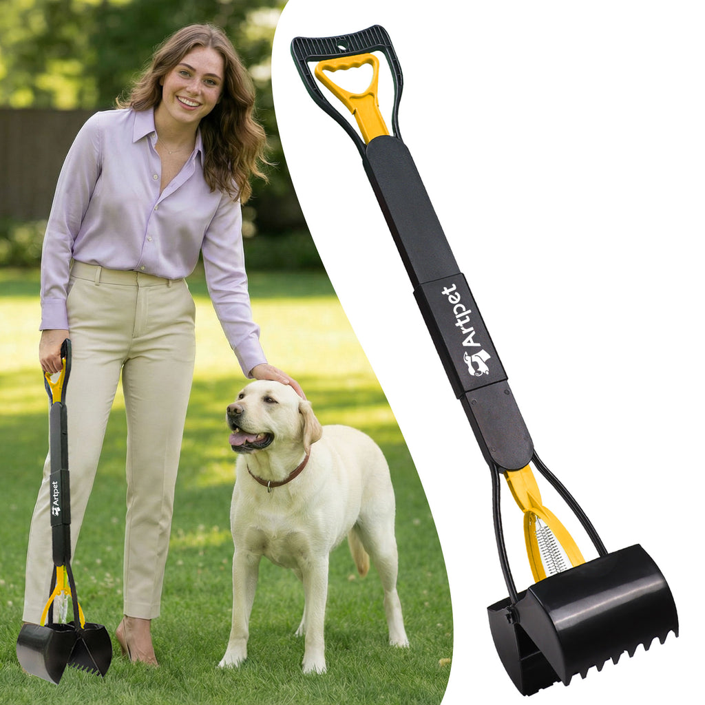 32 Inch Dog Pooper Scooper Long Handle for Large Dogs for Yard – No Bending Great on The Back, Ease of Pick Up, Convenient, Heavy Duty, Grass Friendly, Plastic, Yellow