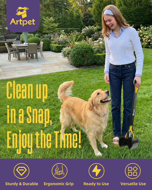 32 Inch Dog Pooper Scooper Long Handle for Large Dogs for Yard – No Bending Great on The Back, Ease of Pick Up, Convenient, Heavy Duty, Grass Friendly, Plastic, Yellow