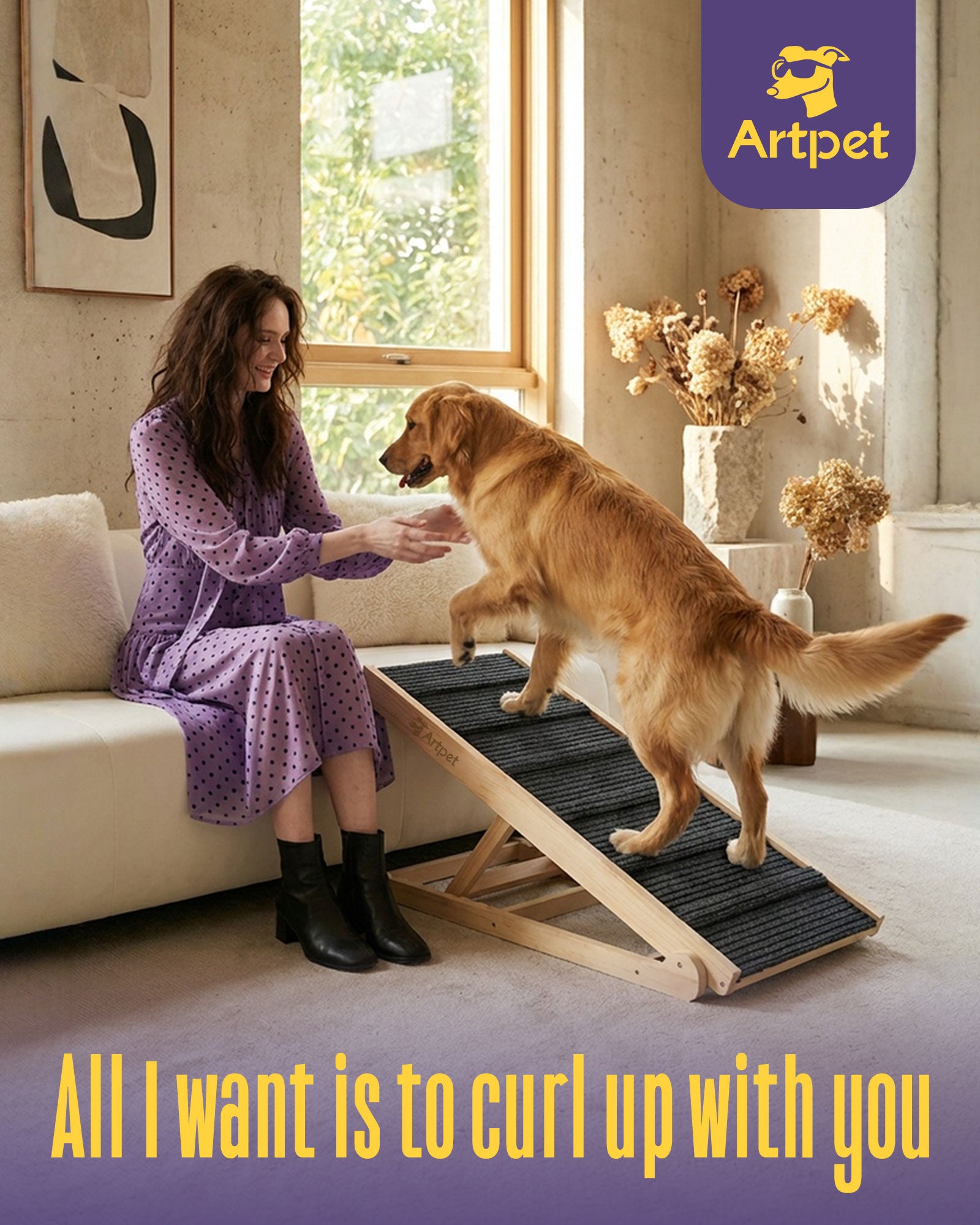 Wide Dog Ramp for Bed Couch Folding Dog Ramps for Large Dogs Up to 200 lbs, 43.3" Long Pet Ramp Adjustable Height Up to 24”