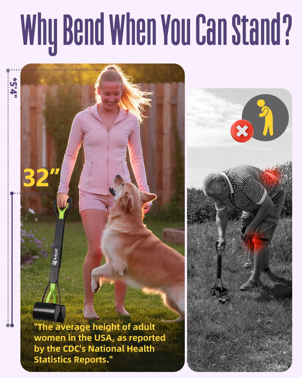 32 Inch Dog Pooper Scooper Long Handle for Large Dogs for Yard – No Bending Great on The Back, Ease of Pick Up, Convenient, Heavy Duty, Grass Friendly, Plastic, Green