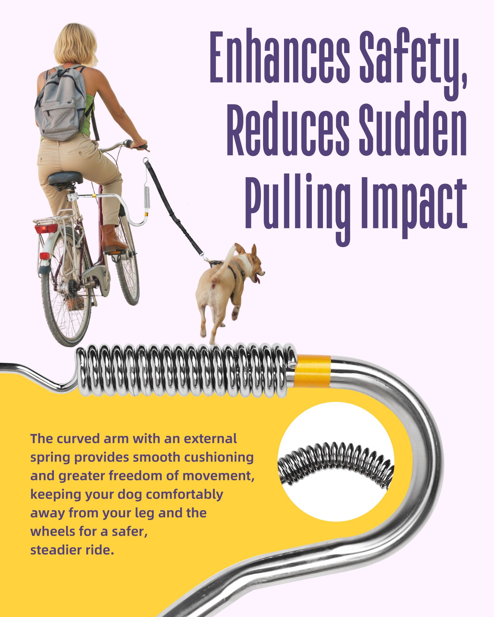 Hands-Free Bike Attachment for Dogs, Bicycle Running Leash with Shock Absorbing Spring, Safe Riding Accessory for Medium & Large Pets, Easy Install Cycling Companion, Silver