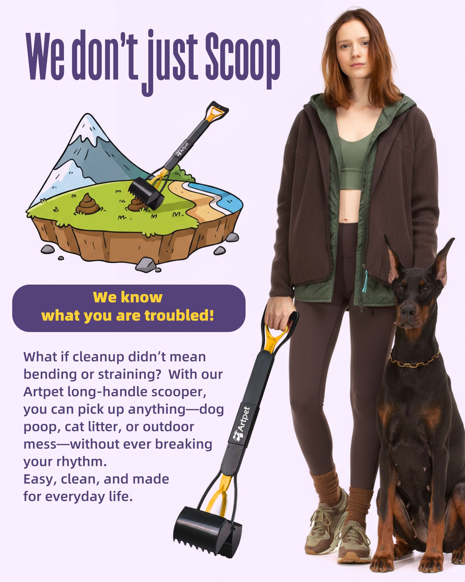 32 Inch Dog Pooper Scooper Long Handle for Large Dogs for Yard – No Bending Great on The Back, Ease of Pick Up, Convenient, Heavy Duty, Grass Friendly, Plastic, Yellow