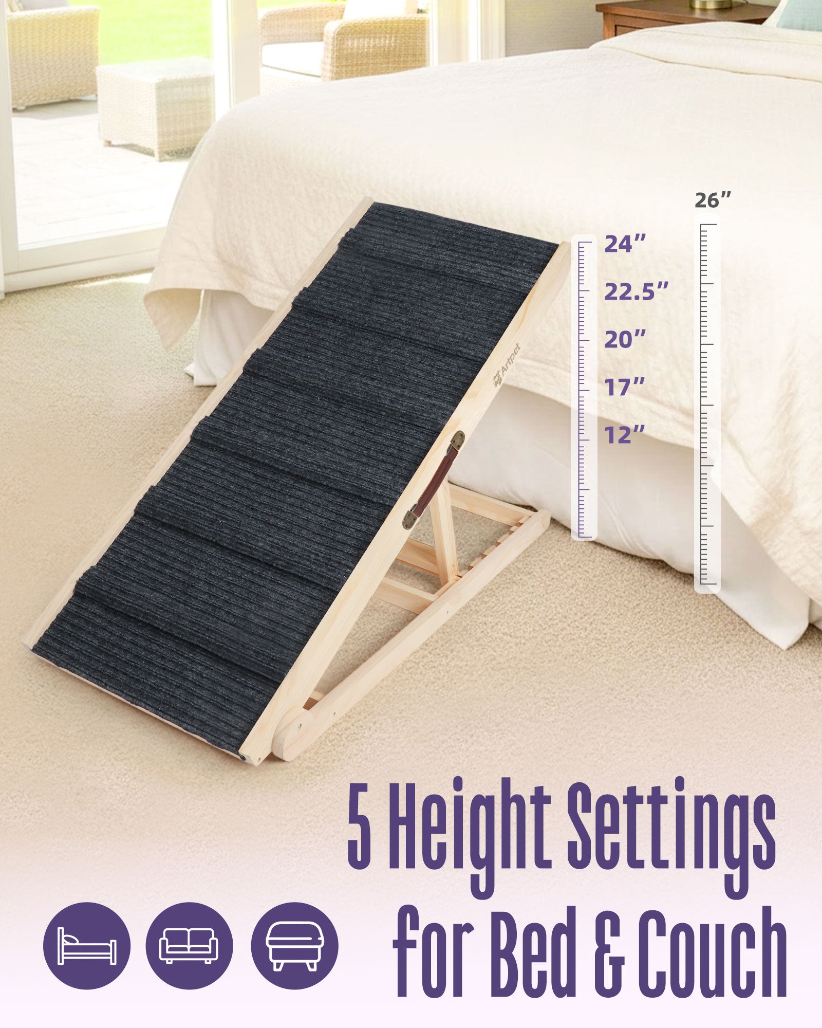 Wide Dog Ramp for Bed Couch Folding Dog Ramps for Large Dogs Up to 200 lbs, 43.3" Long Pet Ramp Adjustable Height Up to 24”
