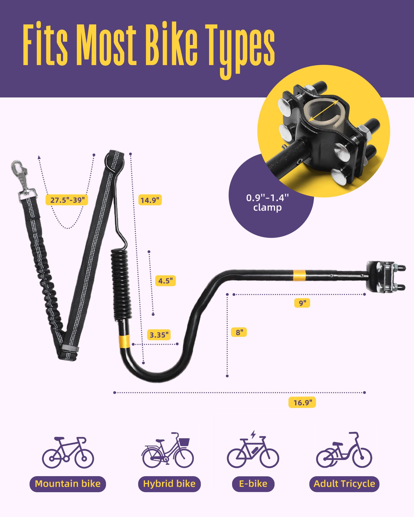 Dog Bike Attachment for Cycling with Dogs, Hands-Free Bicycle Leash with Shock Absorbing Spring, Safe Running Companion for Medium & Large Pets, Easy Install Bike Accessory, Black