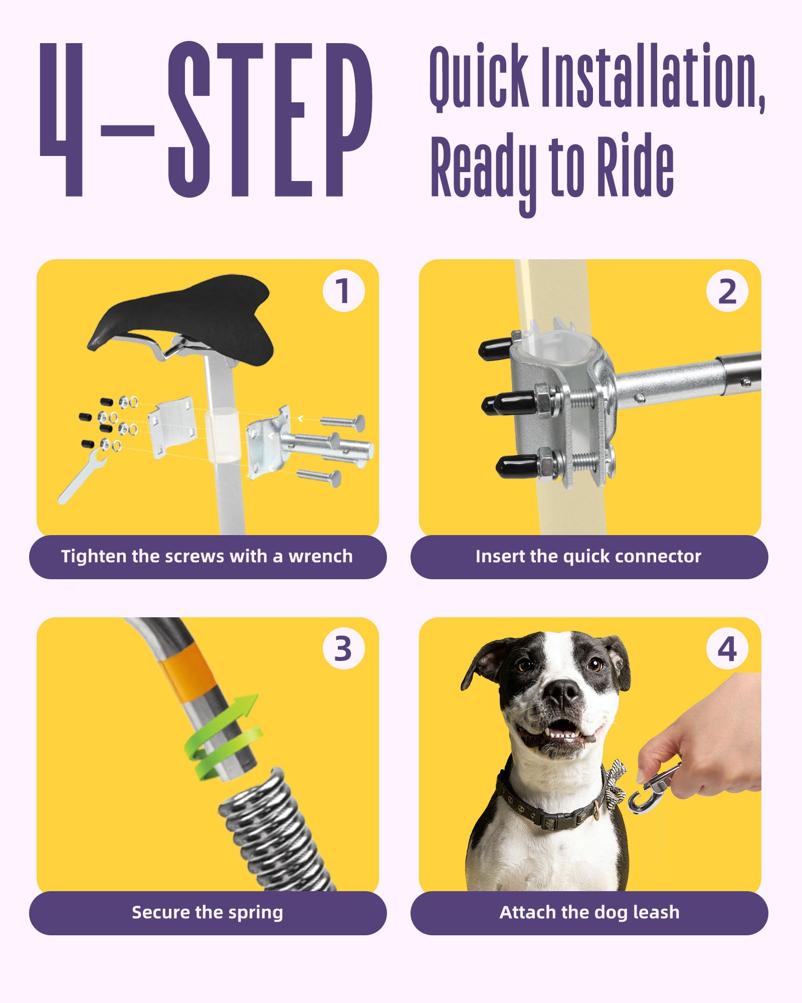 Hands-Free Bike Attachment for Dogs, Bicycle Running Leash with Shock Absorbing Spring, Safe Riding Accessory for Medium & Large Pets, Easy Install Cycling Companion, Silver
