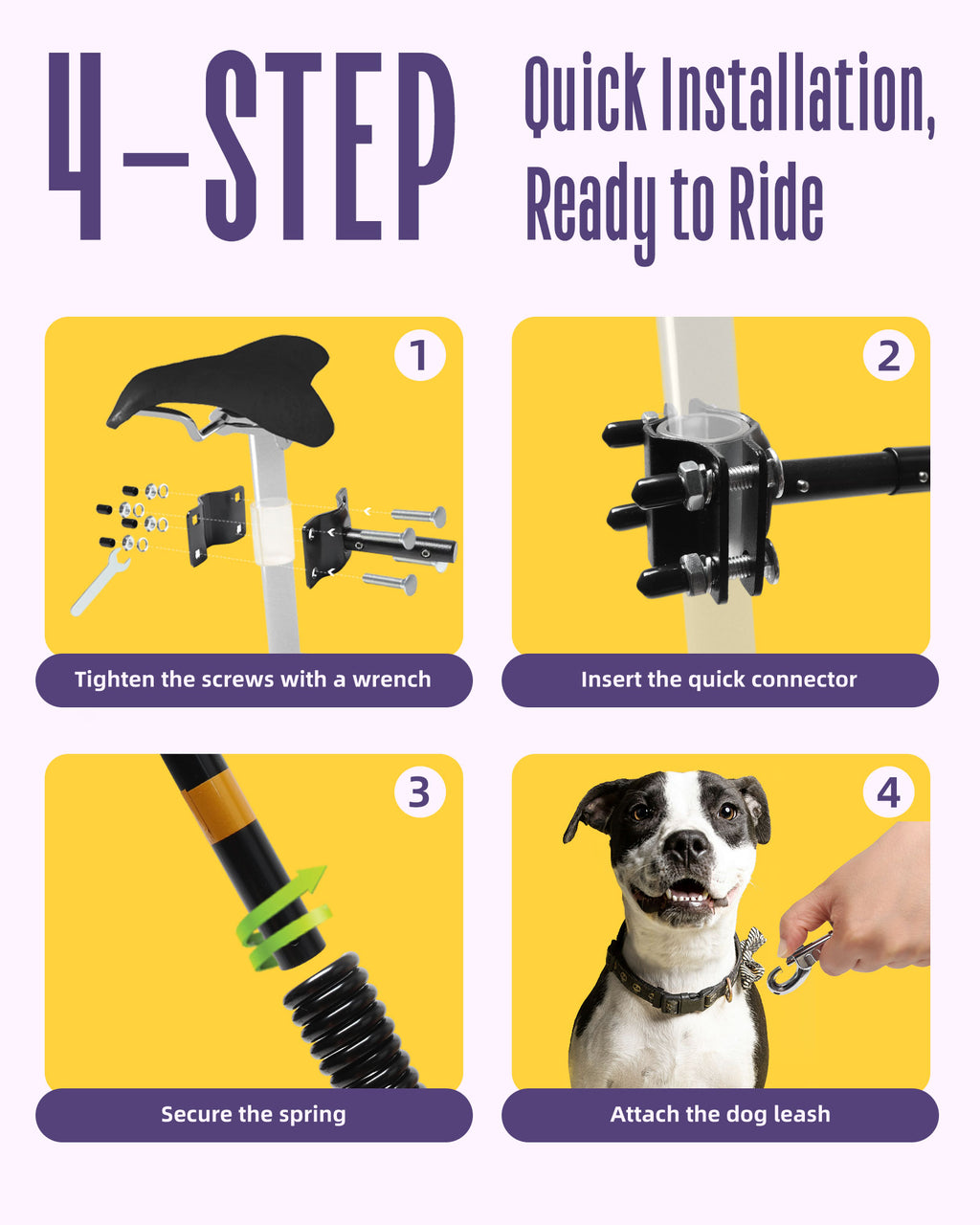 Dog Bike Attachment for Cycling with Dogs, Hands-Free Bicycle Leash with Shock Absorbing Spring, Safe Running Companion for Medium & Large Pets, Easy Install Bike Accessory, Black